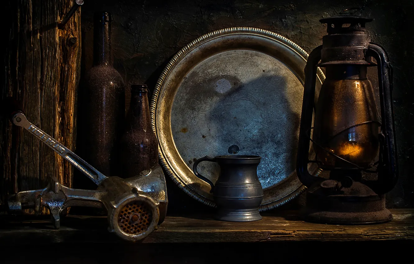 Photo wallpaper bottle, lamp, tray, chopper, When time passes by