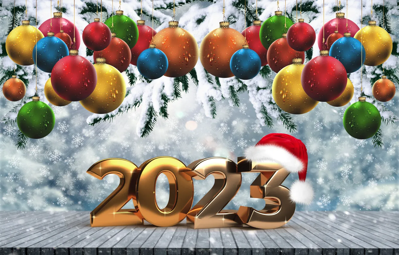 Photo wallpaper winter, snow, snowflakes, balls, colorful, New Year, figures, metal