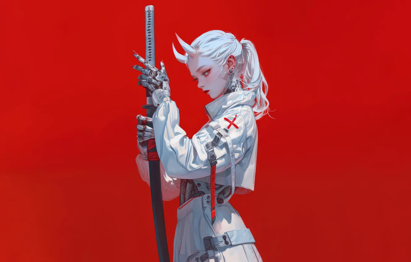 Photo wallpaper demon, girl, white, anime, katana, sci-fi, horn, anime girl
