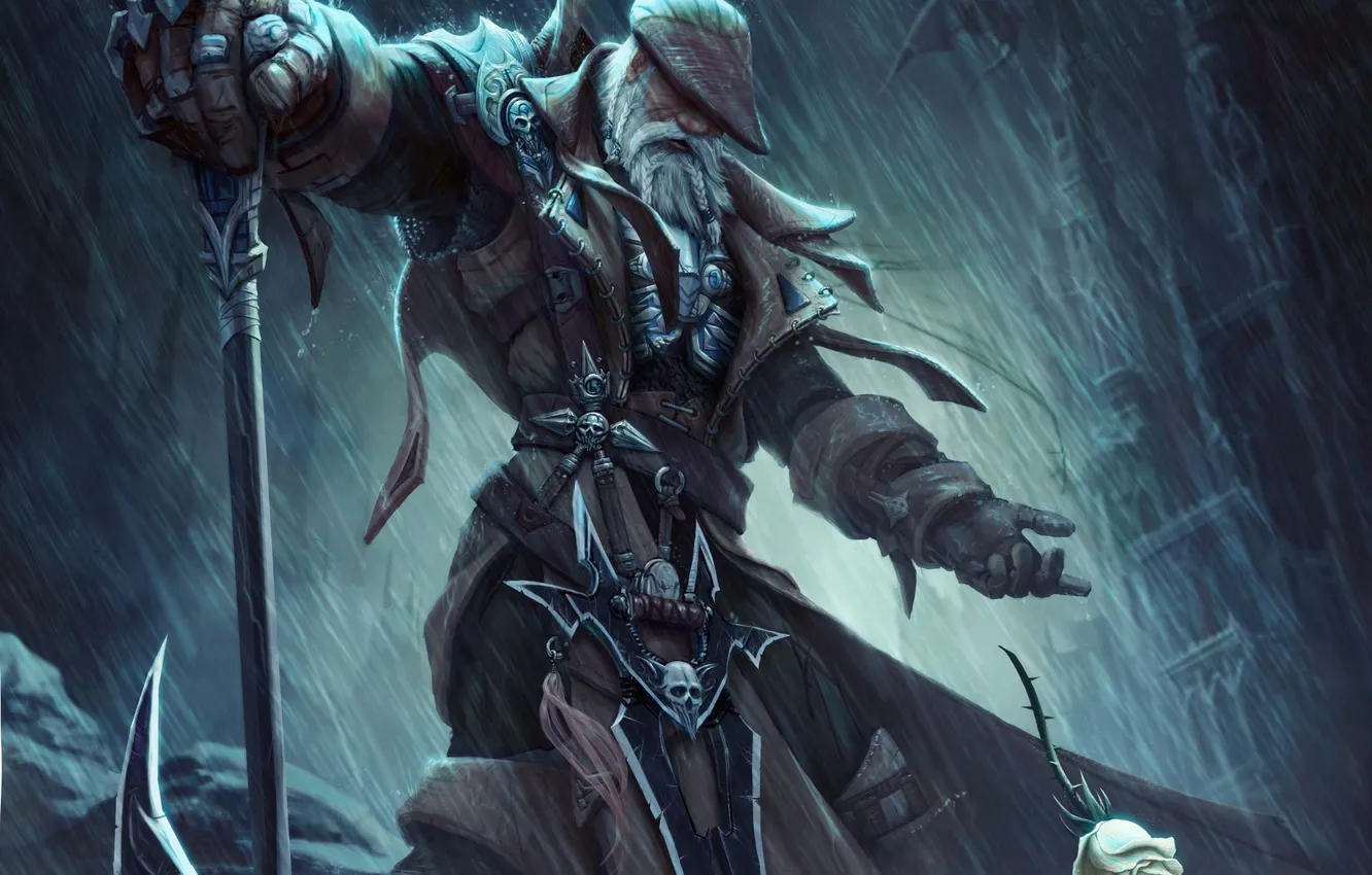 Photo wallpaper night, the city, weapons, rain, roses, art, the old man, male