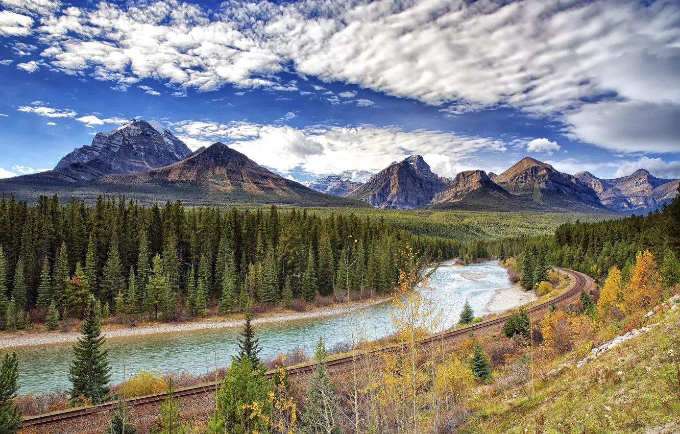 Photo wallpaper autumn, forest, the sky, clouds, trees, mountains, river, Canada