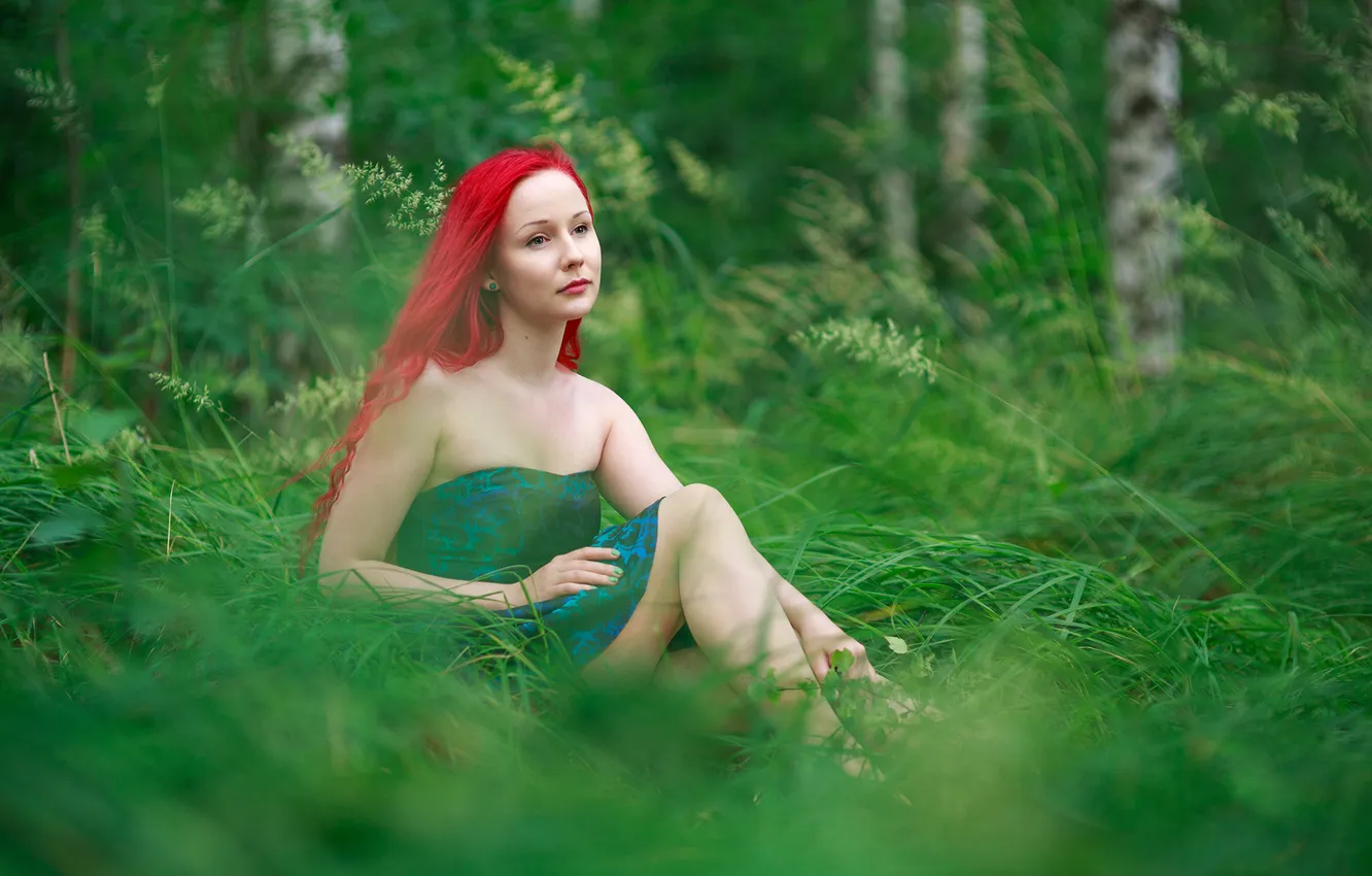 Photo wallpaper grass, girl, spikelets, Red hair