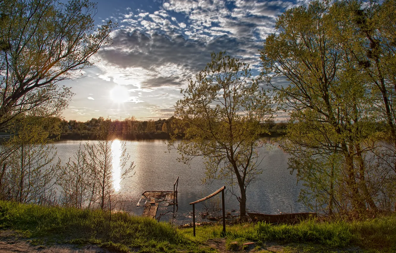 Photo wallpaper the sky, the sun, clouds, trees, river, spring