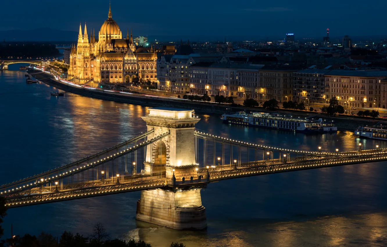 Photo wallpaper night, lights, river, home, lights, bridges, promenade, Palace