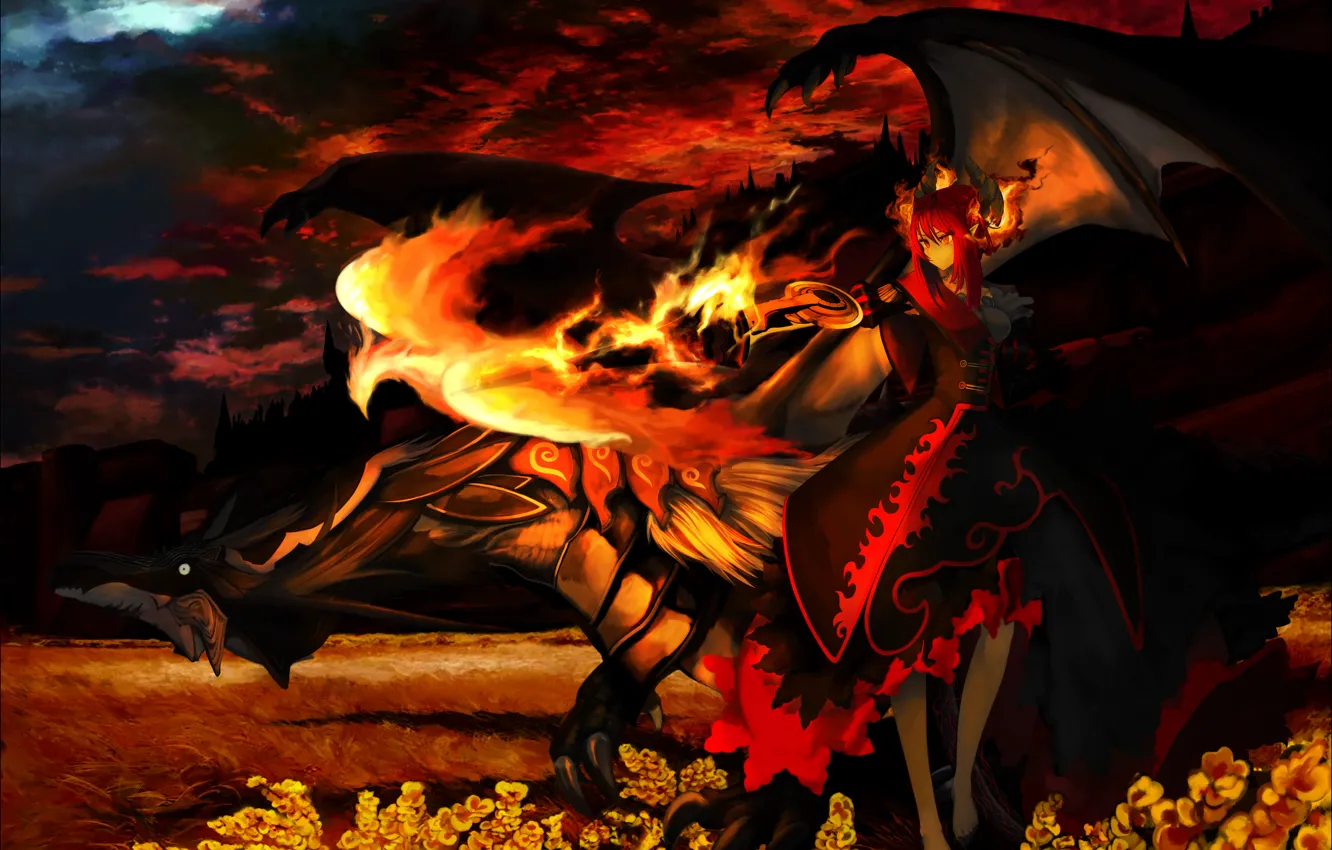 Photo wallpaper Dragon, Flame, The demon, Phoenix
