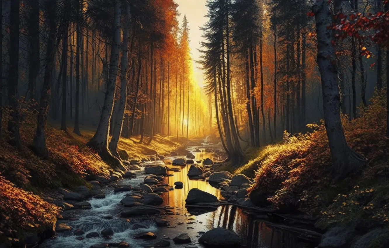 Photo wallpaper autumn, forest, the sun, light, trees, fog, stream, stones