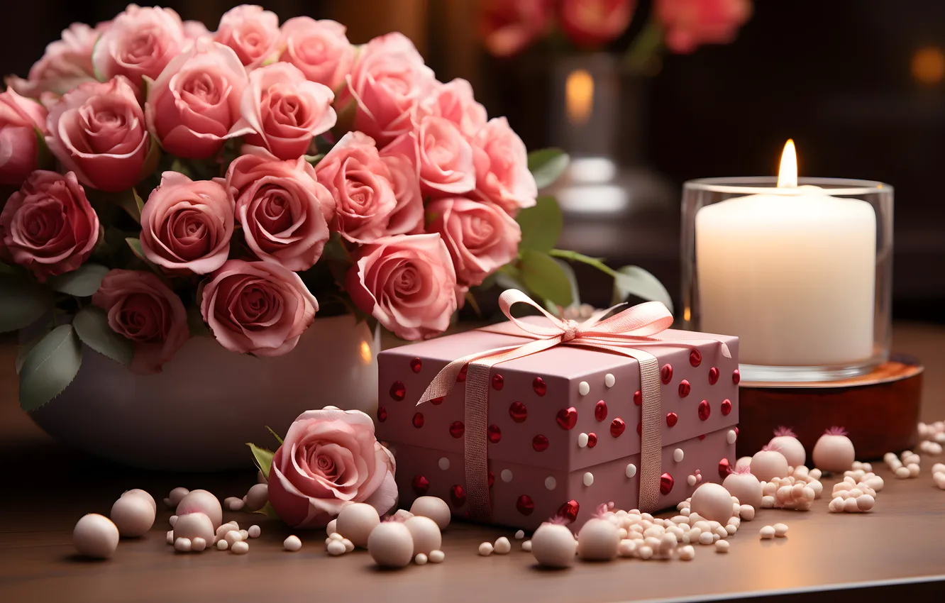 Photo wallpaper love, flowers, gift, romance, heart, roses, love, Valentine's day