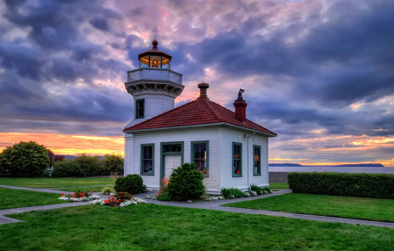 Photo wallpaper sunset, flowers, coast, lighthouse, Washington, the bushes, Washington, beds