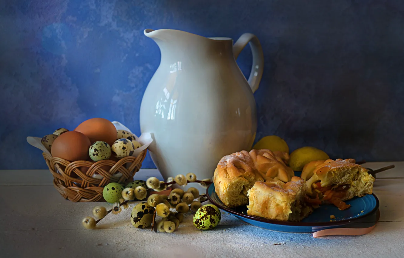 Photo wallpaper table, egg, food, plate, pie, Easter, dishes, still life