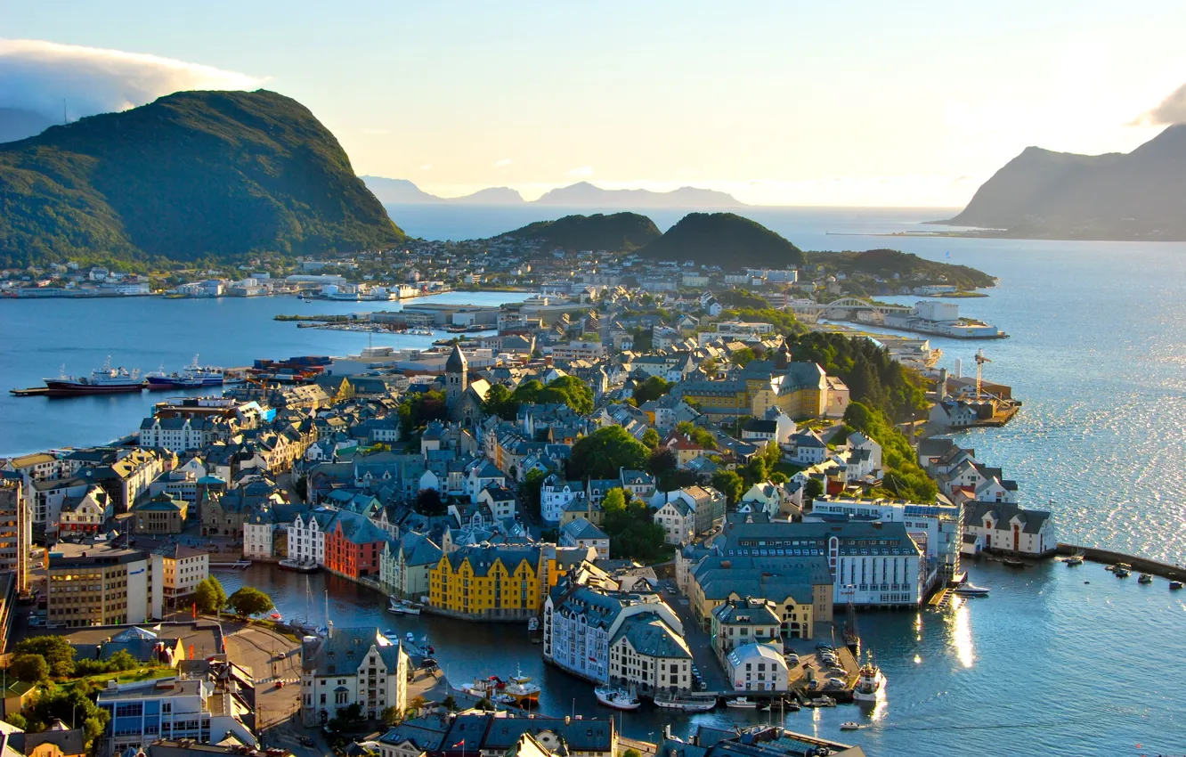 Photo wallpaper sea, landscape, mountains, the city, home, Norway, architecture, Norway