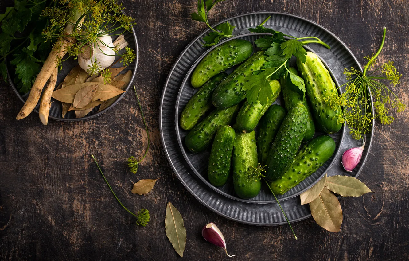 Photo wallpaper fresh, cucumbers, garlic, fruits