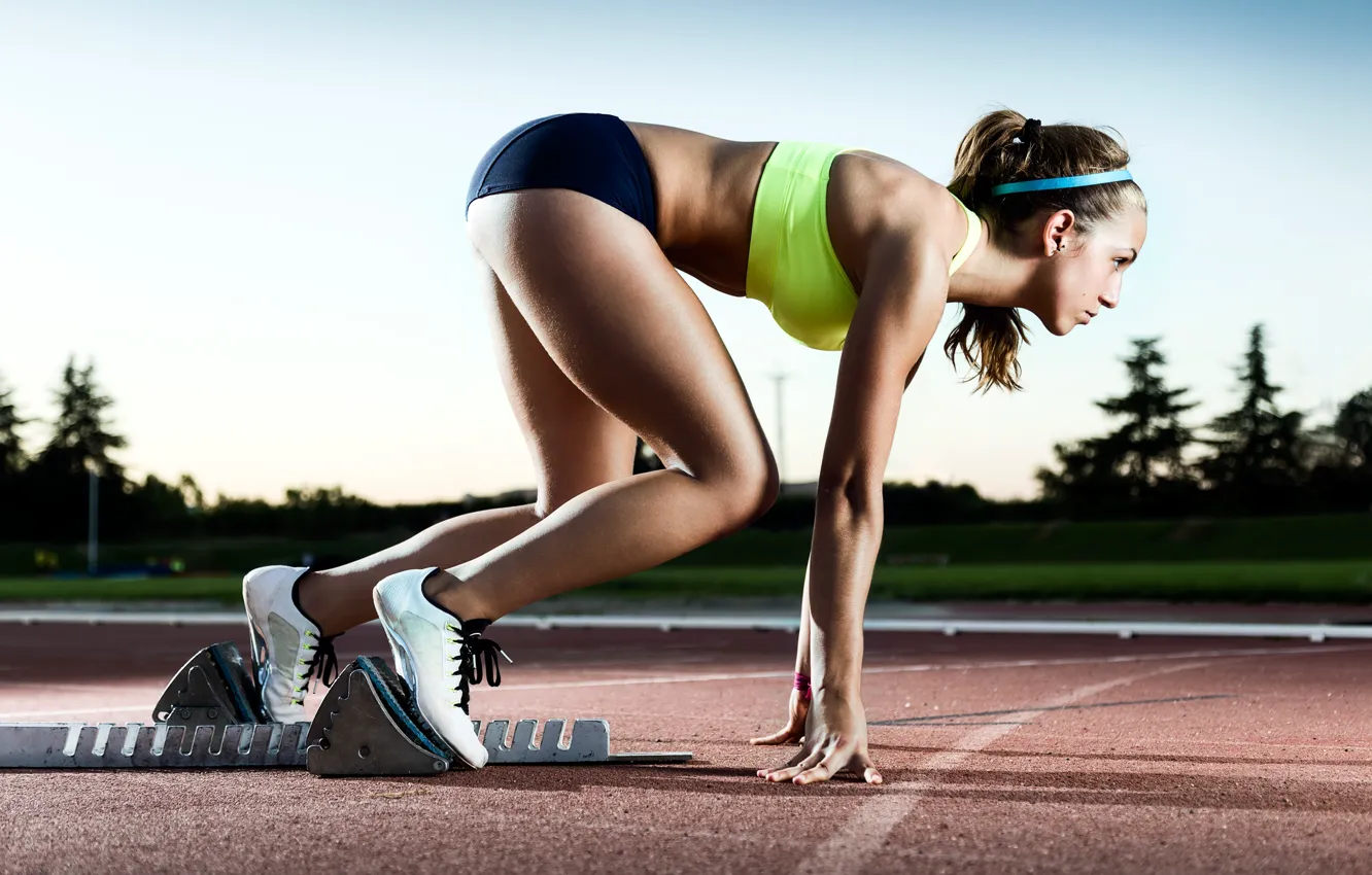 Photo wallpaper woman, speed, track, pose, run, start, Training, concentration