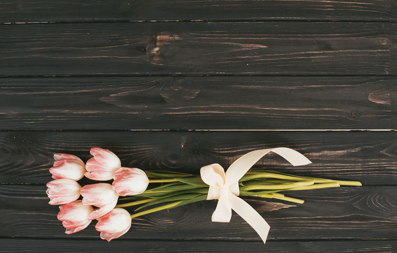 Photo wallpaper flowers, bouquet, tulips, pink, wood, pink, flowers, tulips