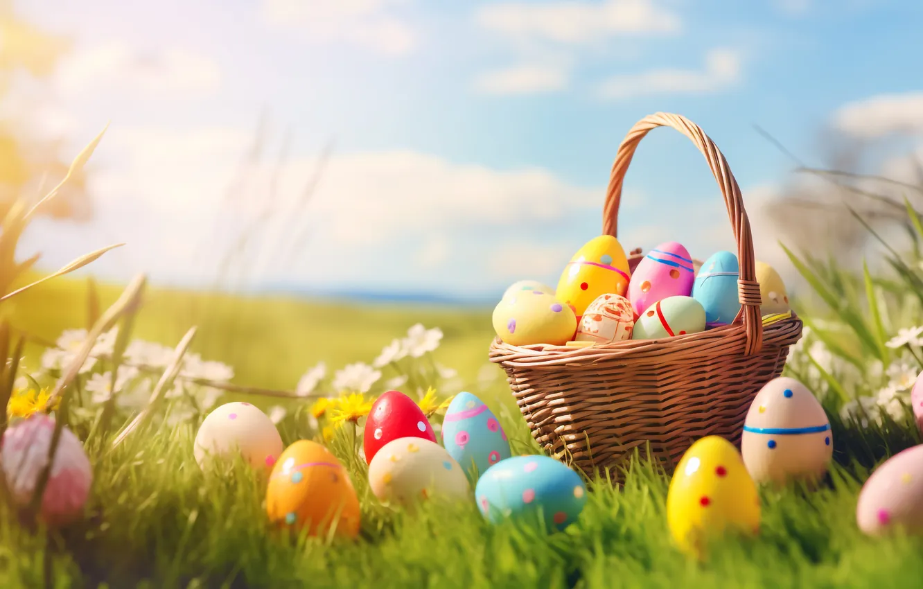 Photo wallpaper flowers, basket, glade, eggs, spring, colorful, Easter, happy