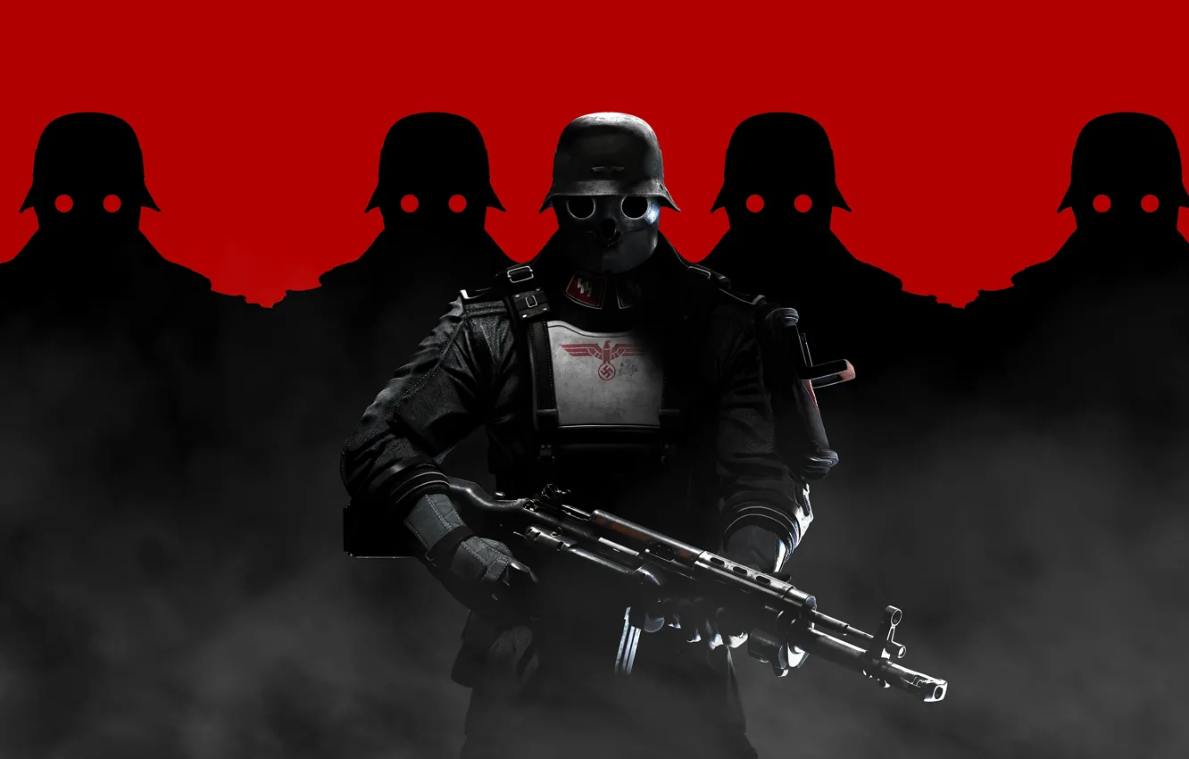 Photo wallpaper weapons, mask, soldiers, shadows, helmet, Wolfenstein: The New Order