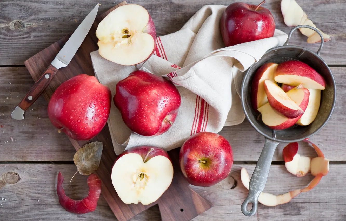 Photo wallpaper apples, towel, knife, slices