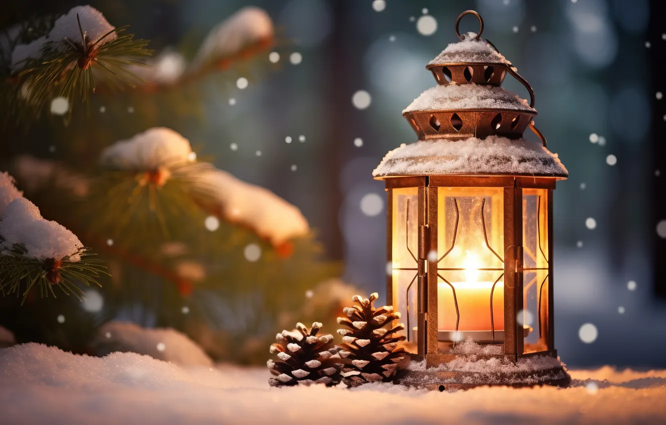 Photo wallpaper winter, snow, night, new year, Christmas, lights, Christmas, night