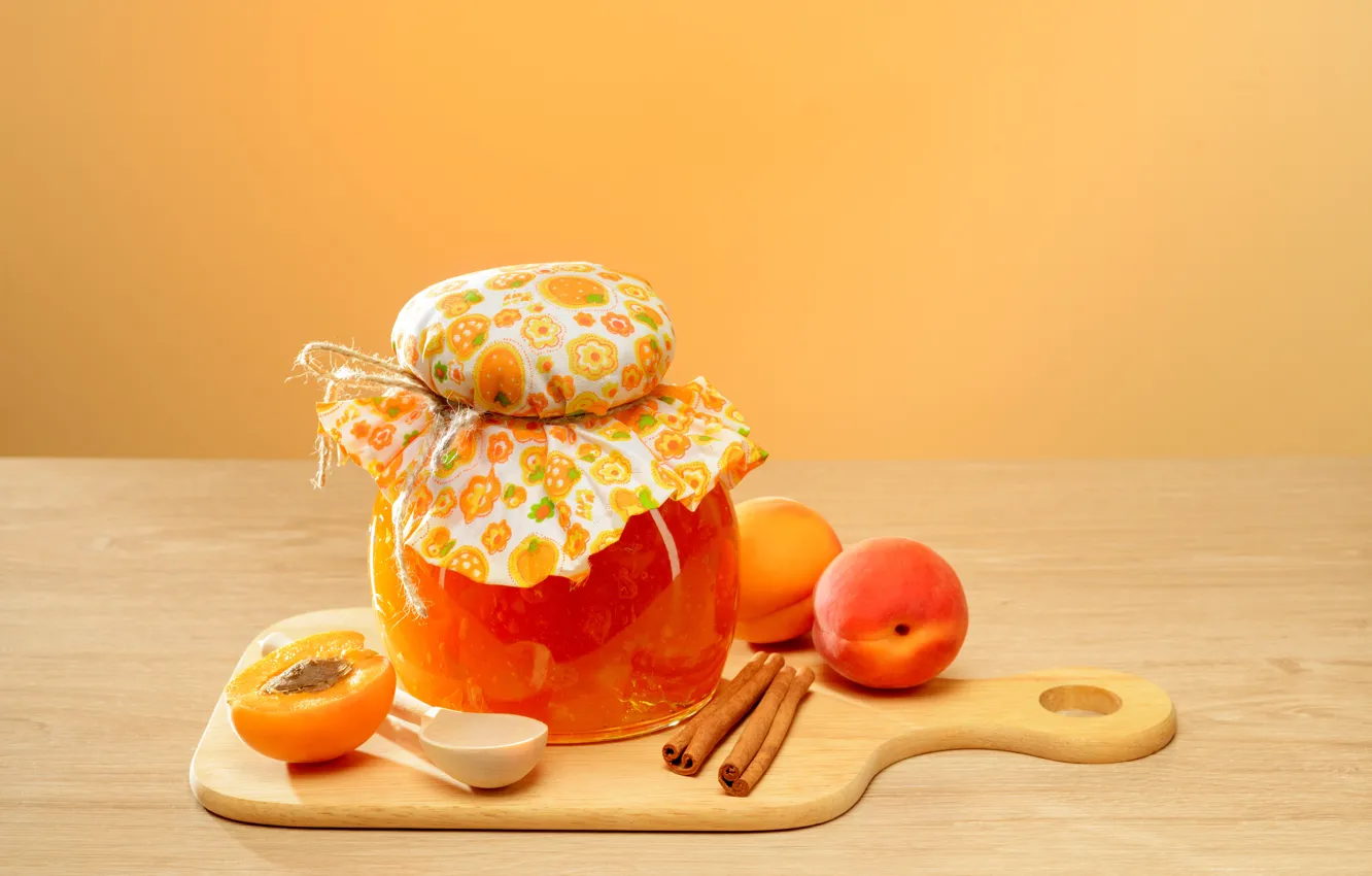 Photo wallpaper fruit, wood, jam, apricots, apricot