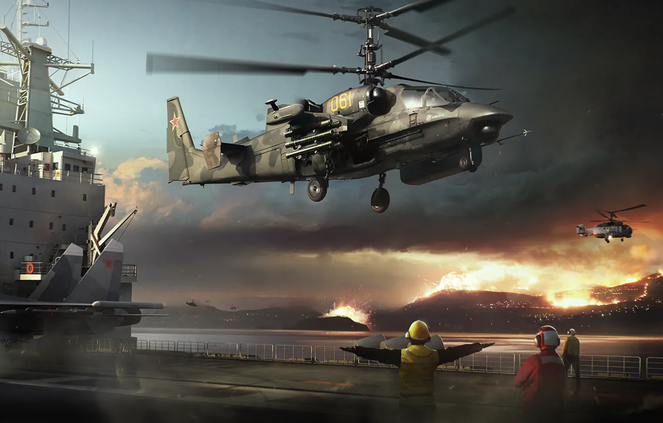 Photo wallpaper the carrier, helicopter, combat, alligator, Russian, Ka-52, over, battle.