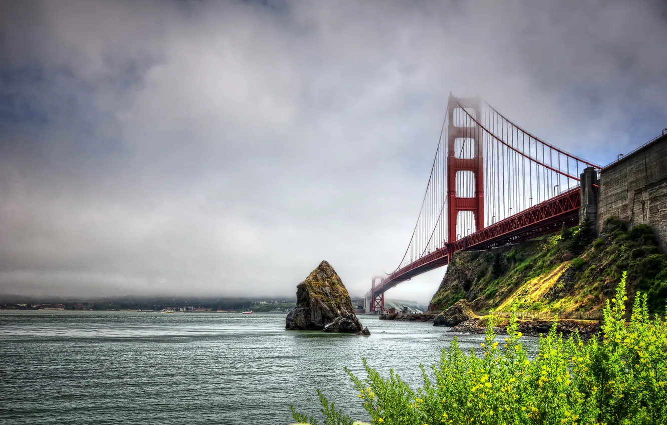 Photo wallpaper sea, the sky, clouds, flowers, bridge, rock, San Francisco, Golden gate
