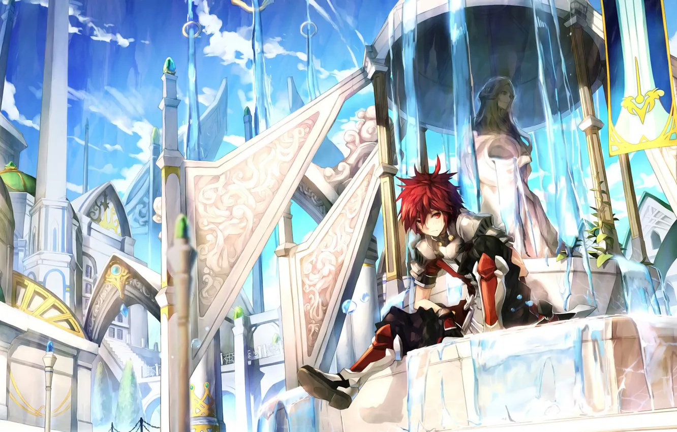 Photo wallpaper water, the city, armor, fountain, statue, guy, looking at the viewer