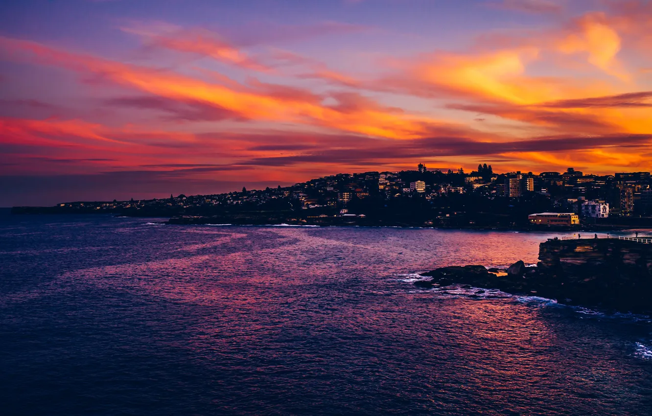 Photo wallpaper beach, the city, Bay, twilight