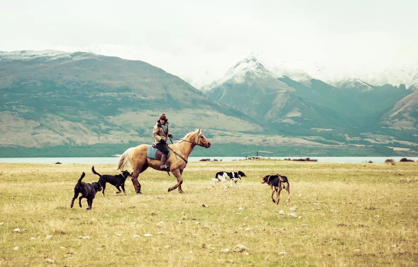 Photo wallpaper mountains, lake, woman, horse, dog