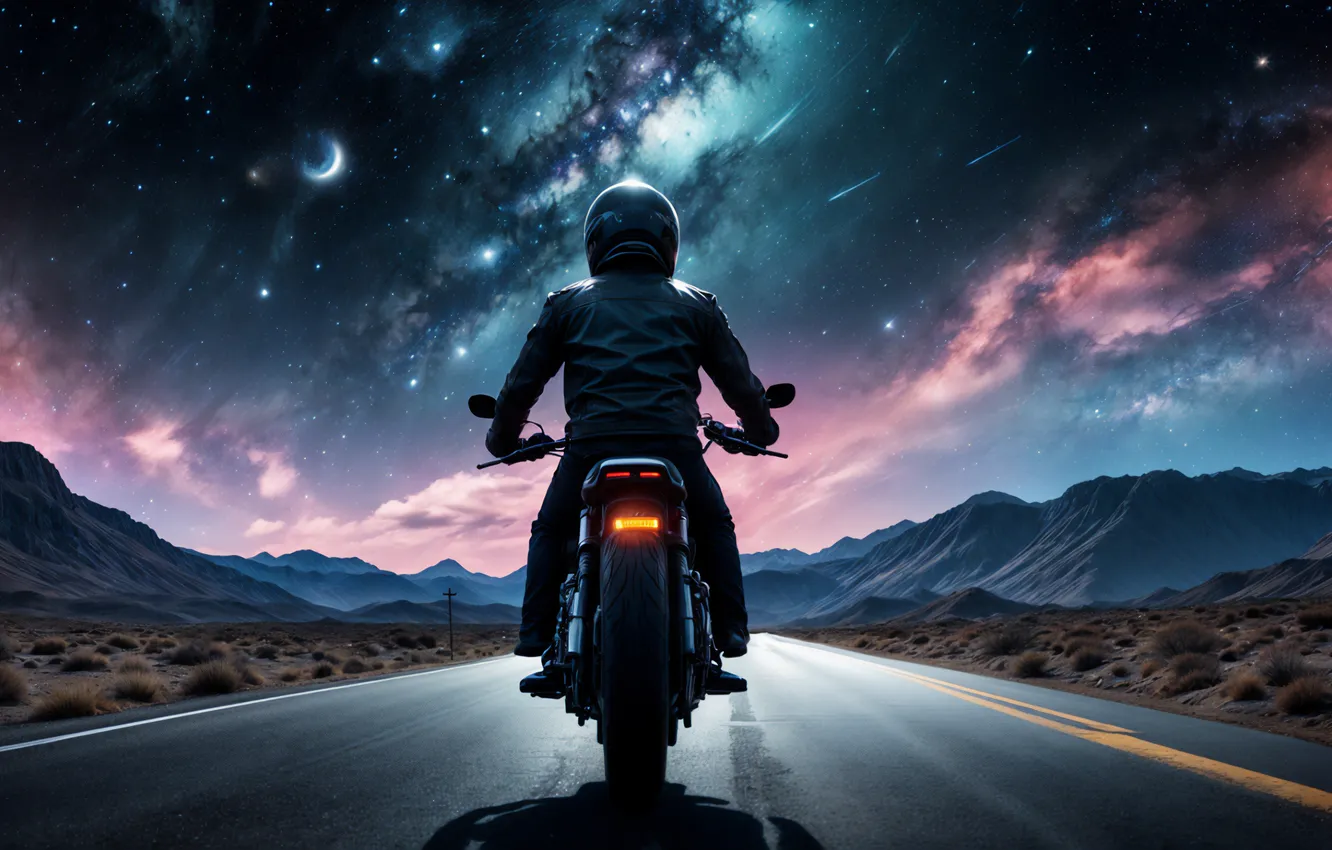 Photo wallpaper fantasy, biker, surreal, Road Trip, AI Art, Dreamlike, Beautiful Sky