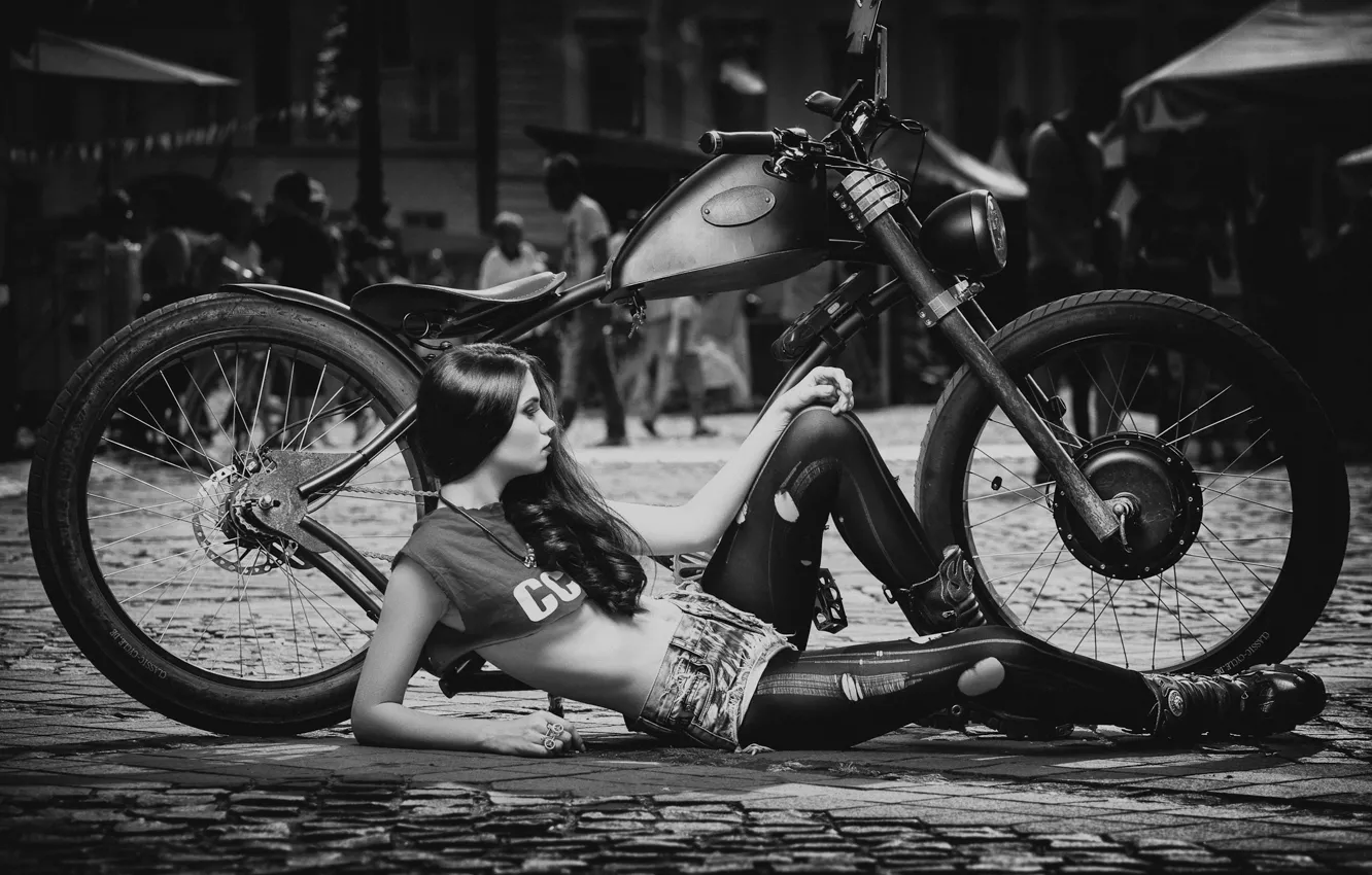 Photo wallpaper girl, street, shorts, pavers, Mike, brunette, motorcycle, holes