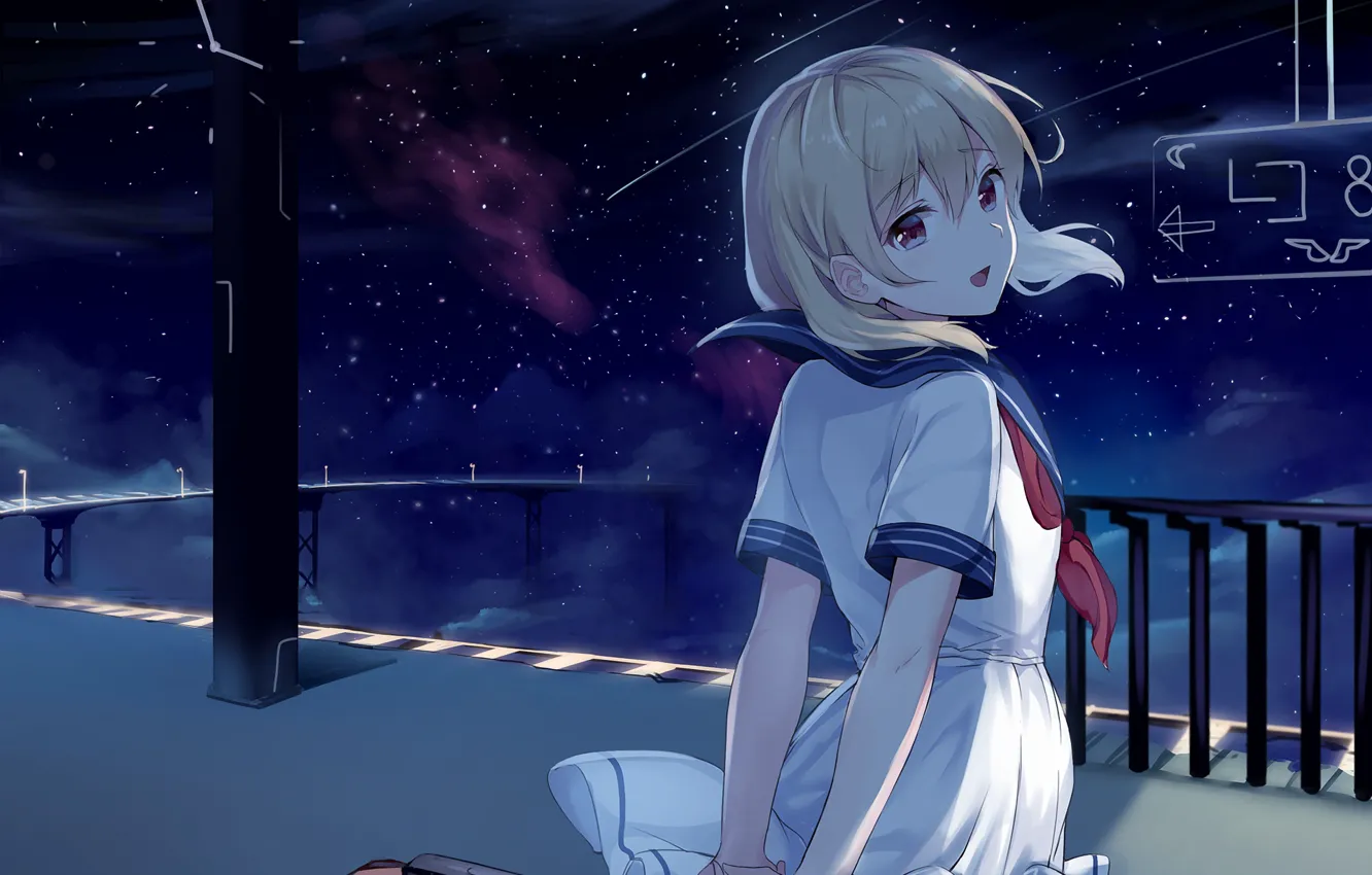 Photo wallpaper night, girl, starry sky