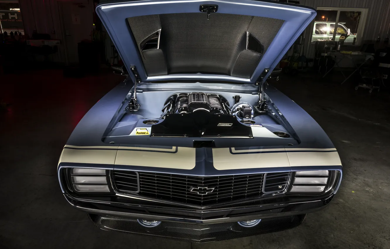 Photo wallpaper Chevrolet, 1969, Camaro, Front, blue, face, engine, G-Code
