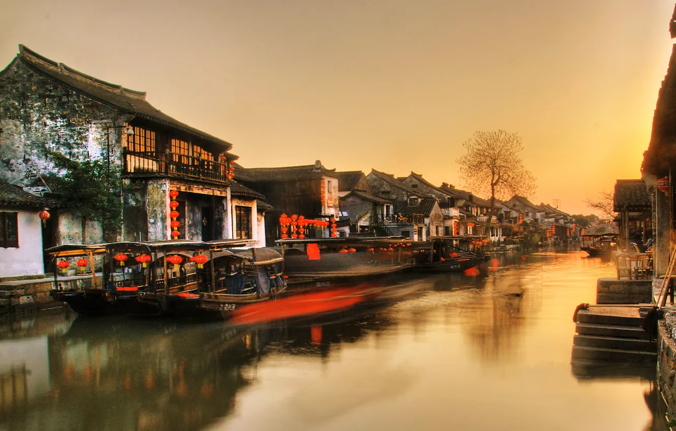 Photo wallpaper the city, river, China, boats, China, old building, Zhejiang province, Xitang