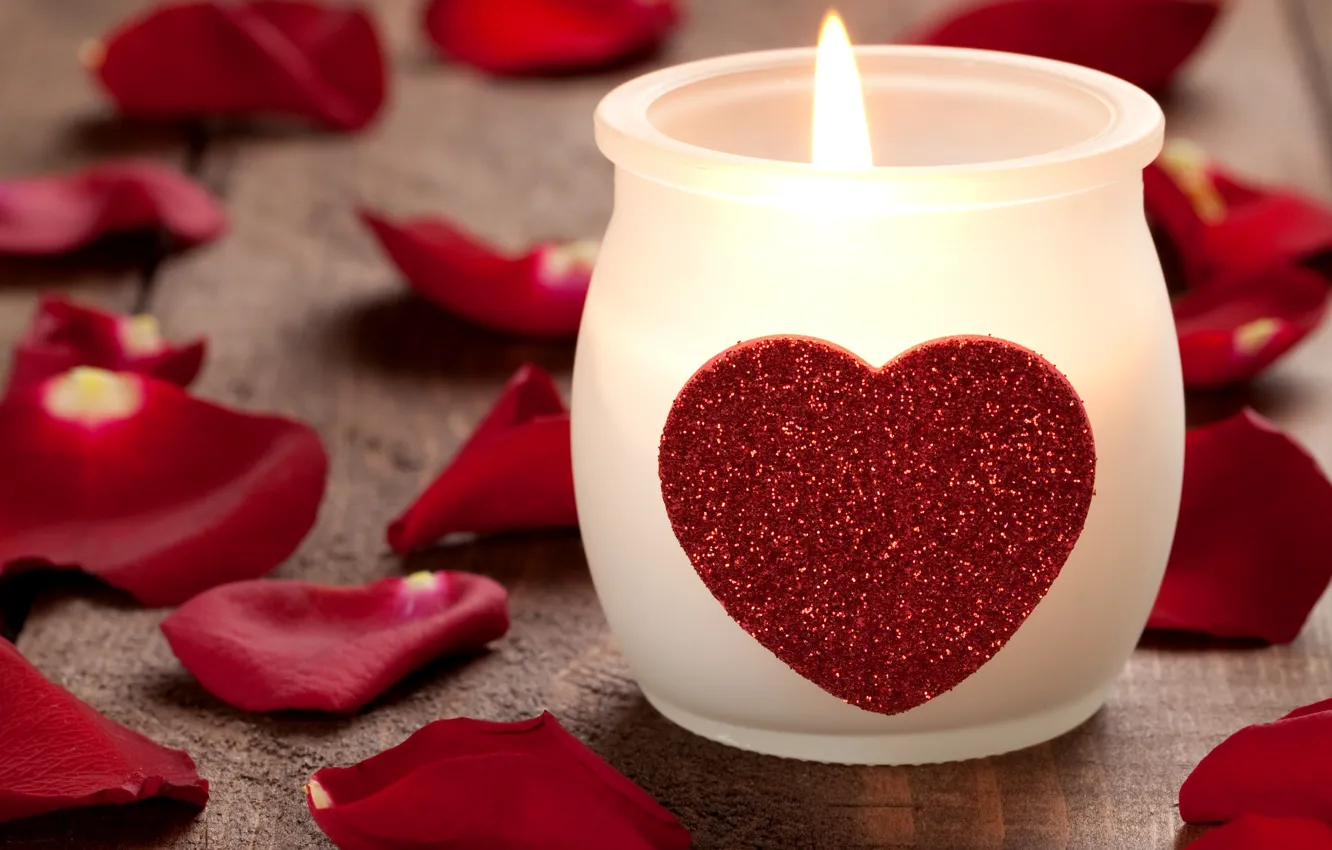 Photo wallpaper heart, roses, candles, petals, form, Heart candle