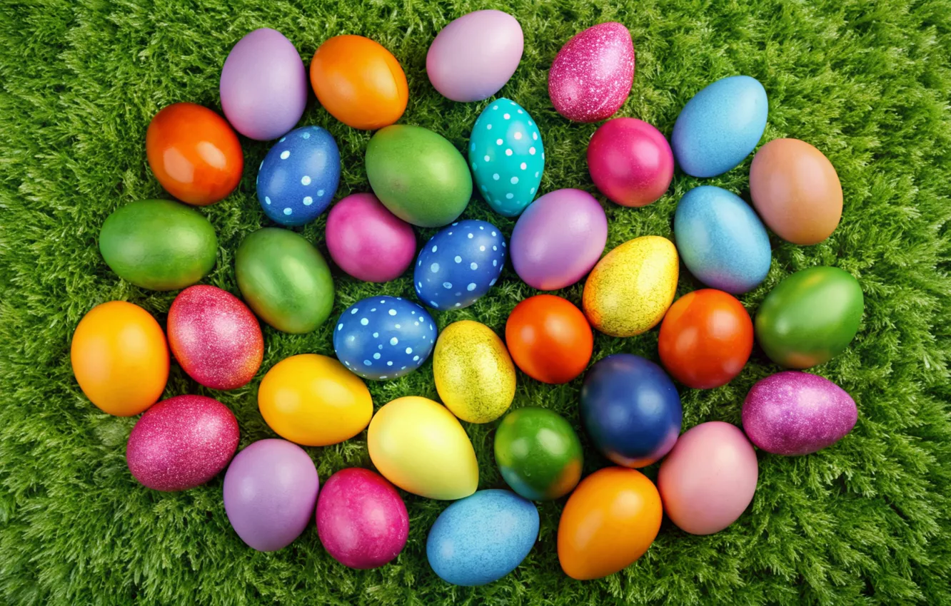 Photo wallpaper grass, eggs, spring, colorful, Easter, spring, Easter, eggs
