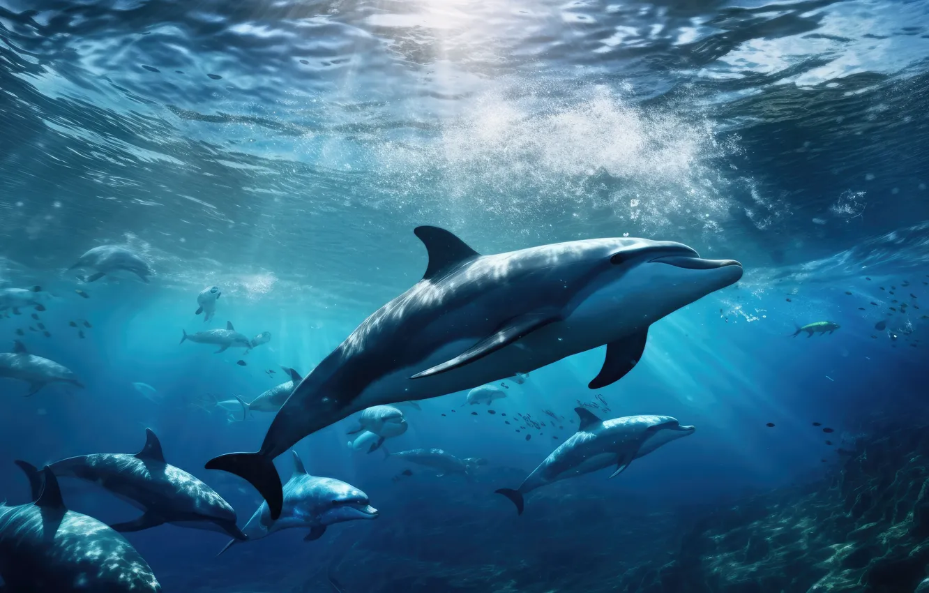 Photo wallpaper sea, wave, water, the ocean, dolphins, underwater world, swimming, Marine Animals