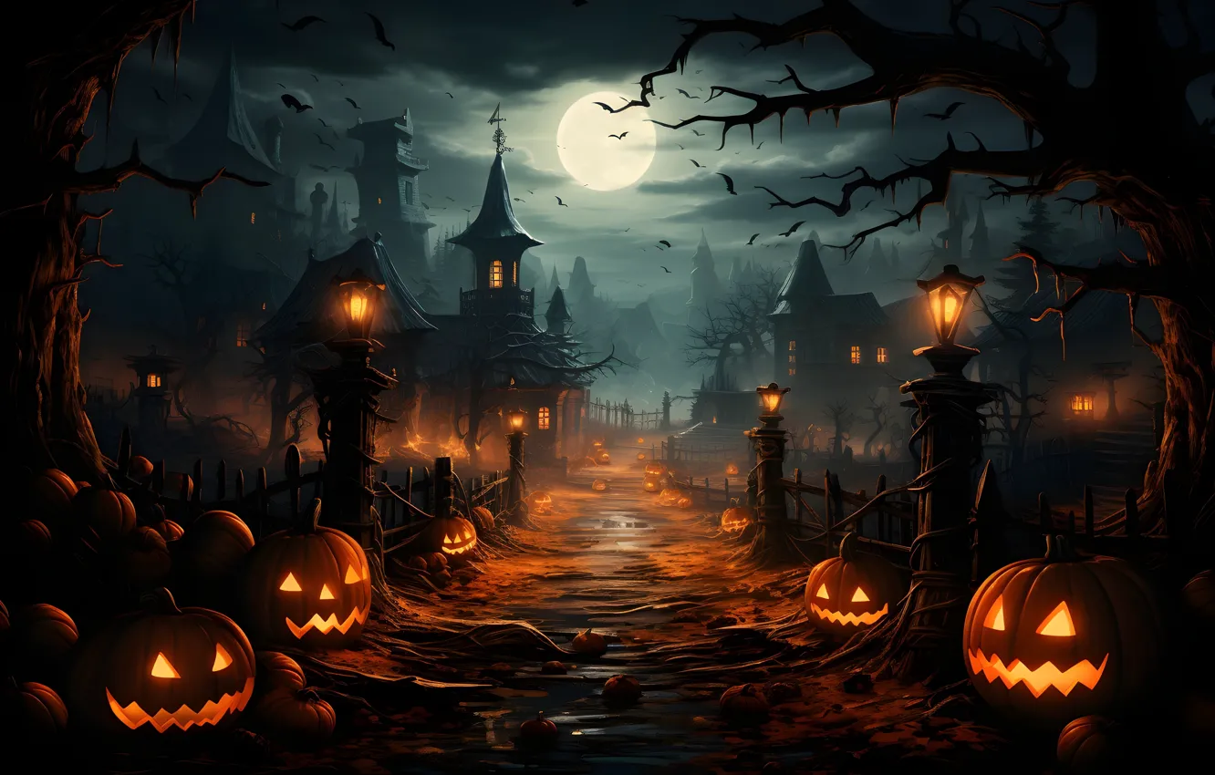 Photo wallpaper road, autumn, light, trees, night, branches, lights, fog