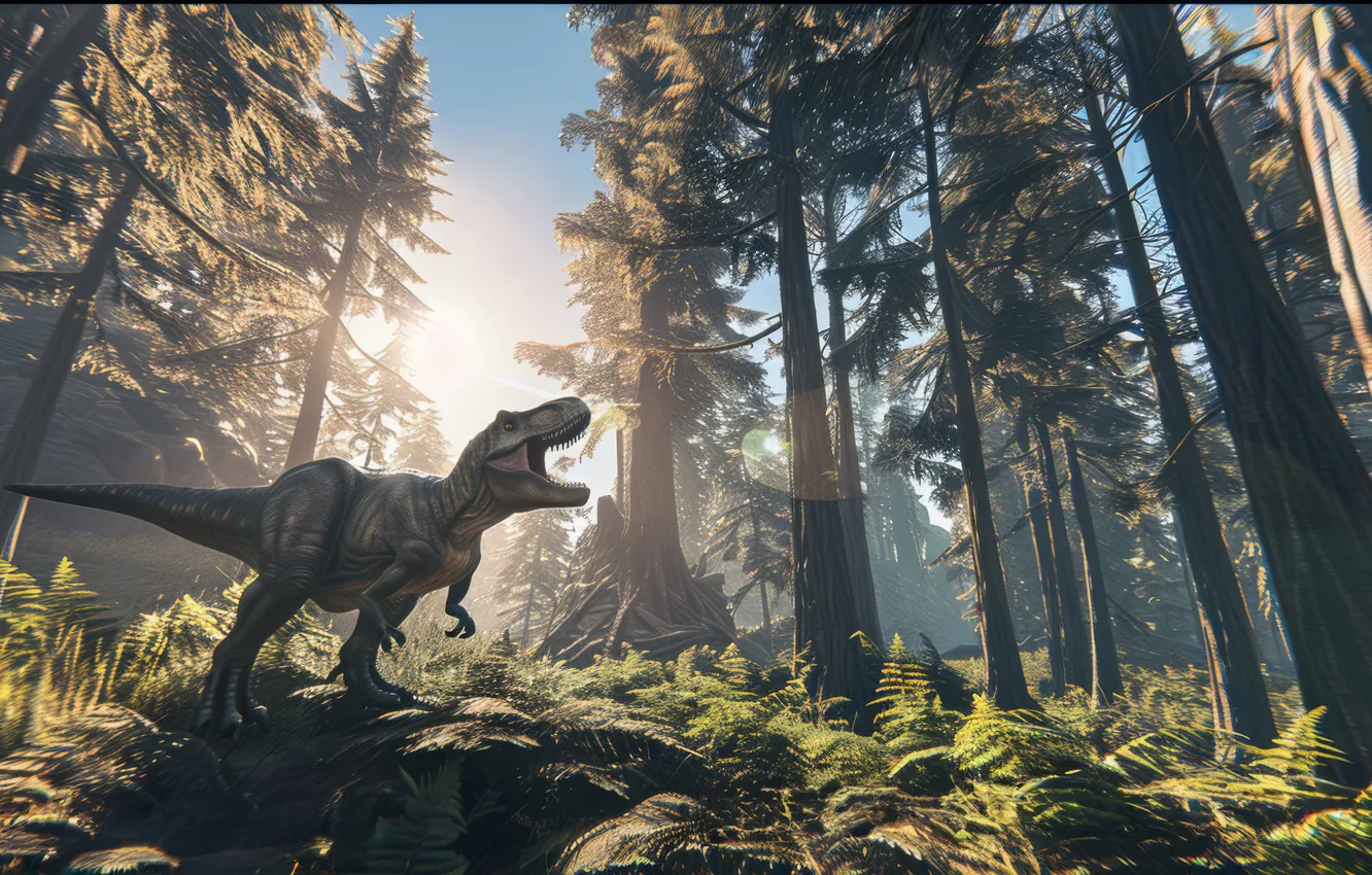 Photo wallpaper trees, animal, dinosaur, predator, grin, Tyrannosaurus, digital art, Tyrannosaurus Rex