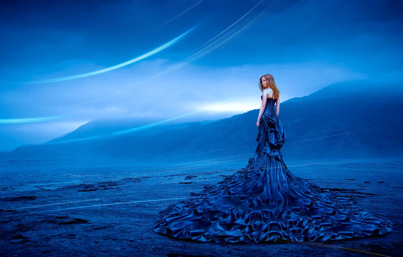 Photo wallpaper the sky, girl, mountains, blue, blue, dress, is, hem