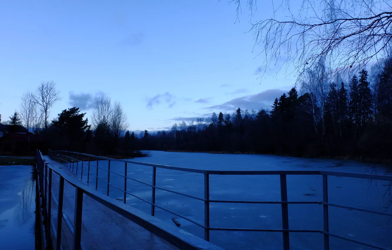 Photo wallpaper ice, snow, the evening, twilight, gloomy, bridge in winter, metal railings, through an icy lake