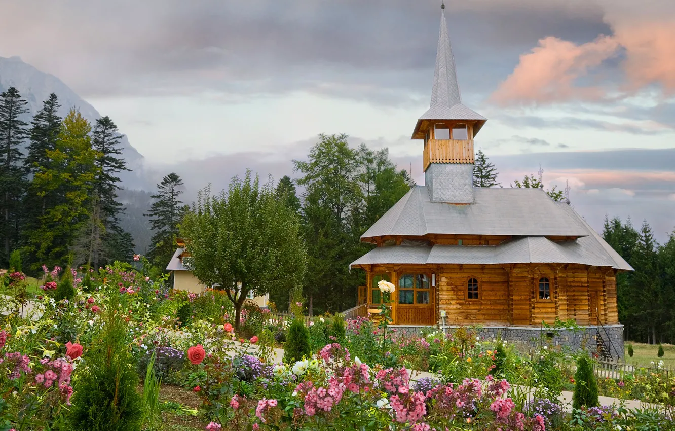 Photo wallpaper the sky, clouds, trees, flowers, mountains, home, yard, flowerbed