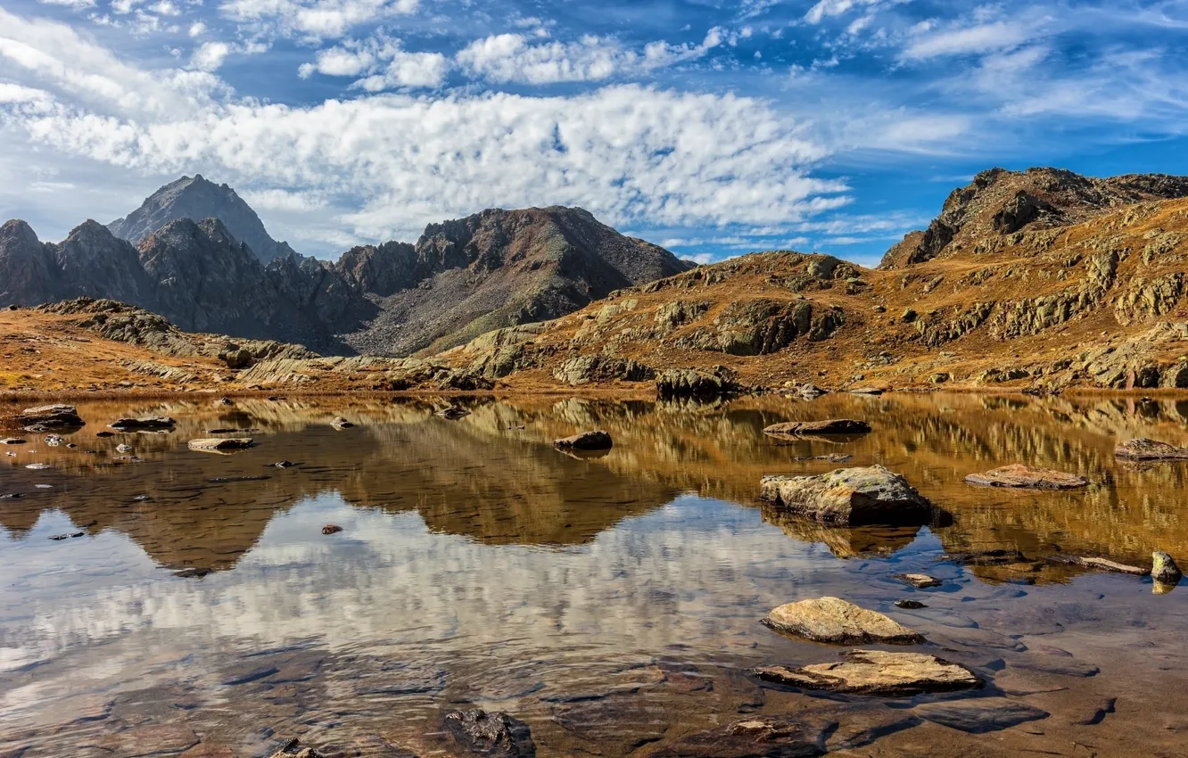 Photo wallpaper the sky, clouds, mountains, nature, lake, reflection, stones, rocks