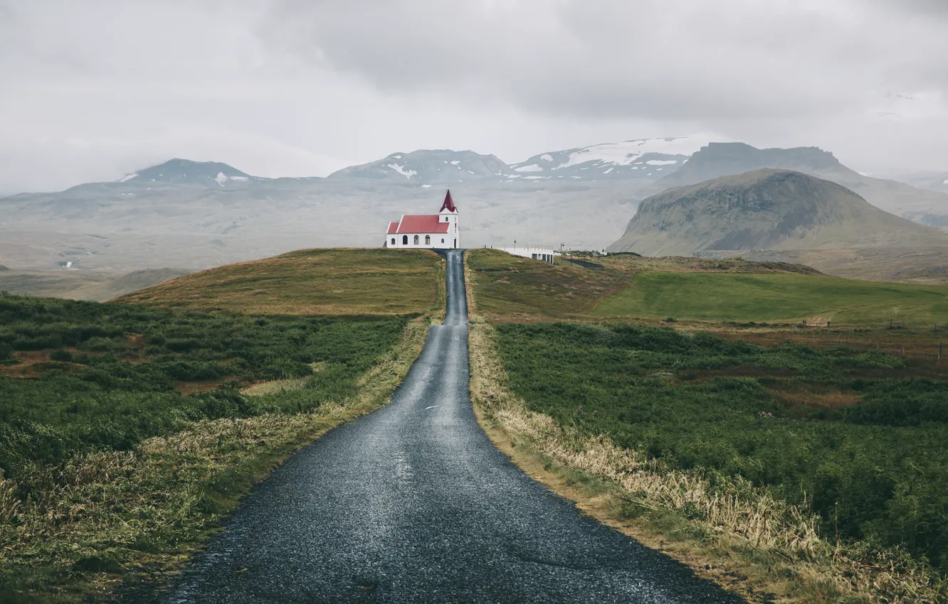 Photo wallpaper road, field, temple, Iceland, Snaefellsnesog Hnappadalssysla, Rif