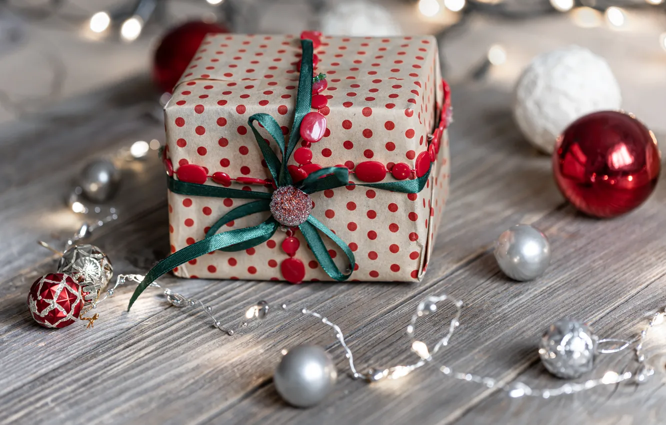 Photo wallpaper balls, box, gift, Board, Christmas, New year, Christmas decorations