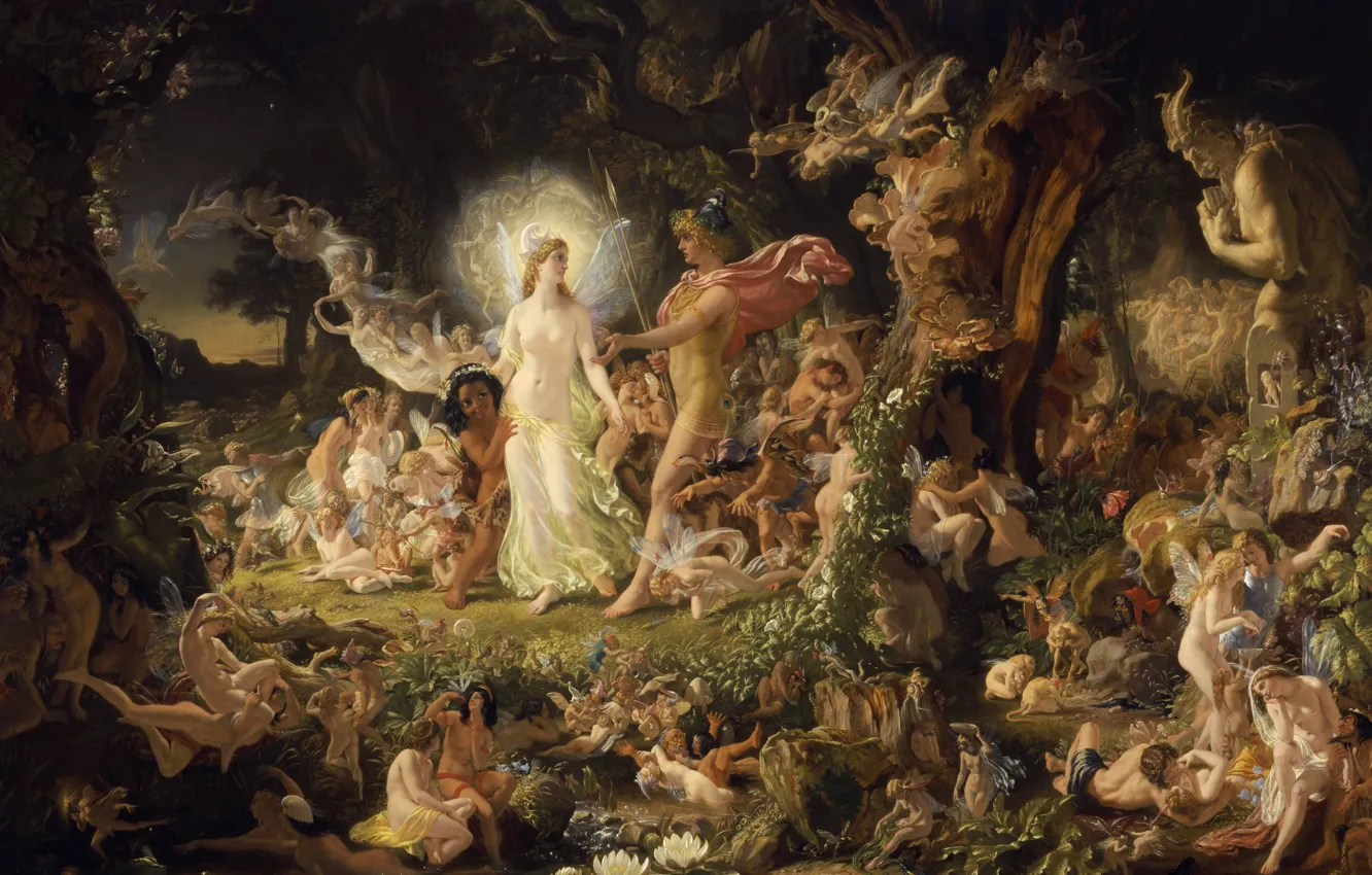 Photo wallpaper forest, fairy, art, Sir Joseph Noel Paton, The Quarrel of Oberon and_ Titania