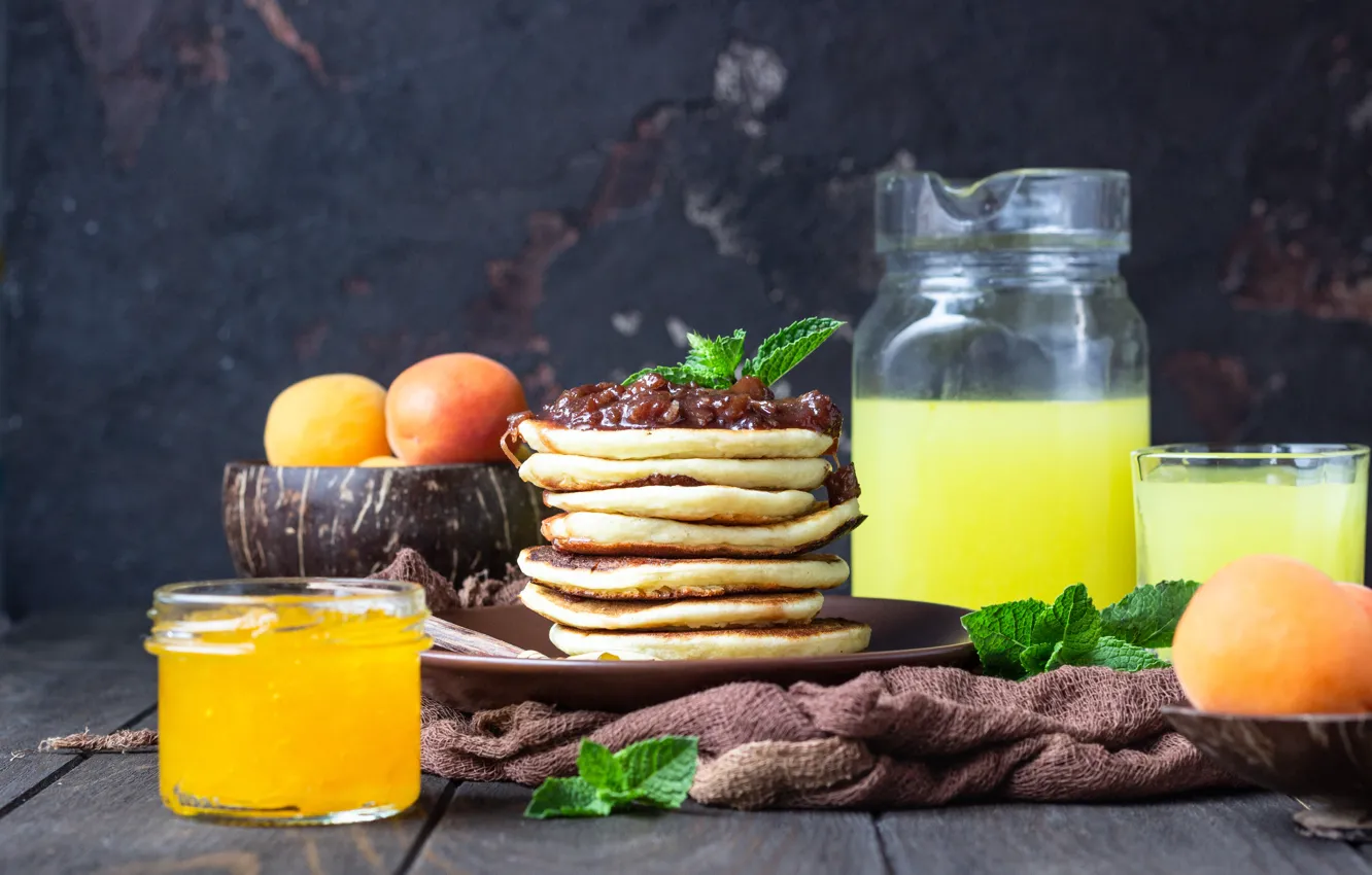 Photo wallpaper Breakfast, juice, pancakes, jam, orange, apricot