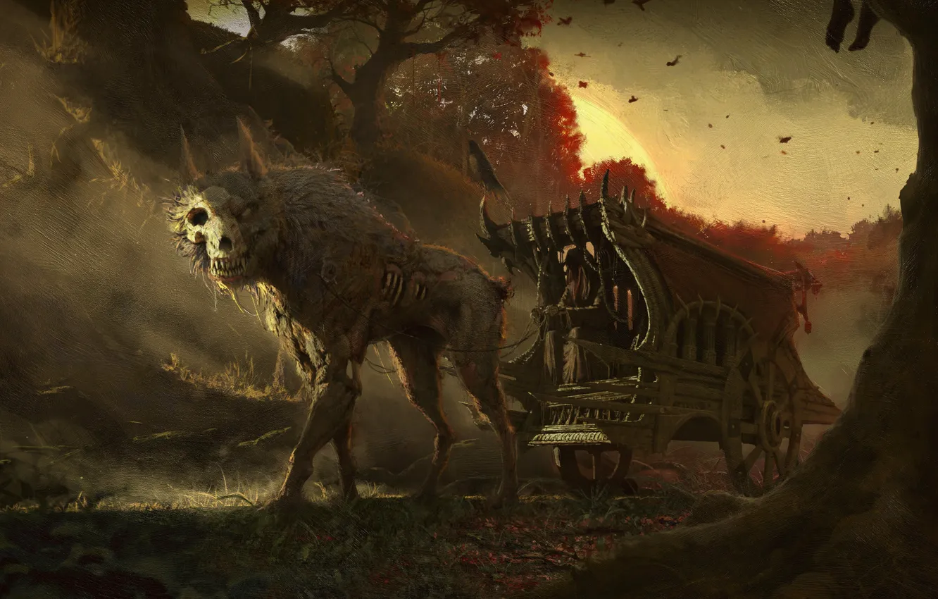 Photo wallpaper fiction, wolf, the demon, art, Halloween, coach, fantasy, Illustration