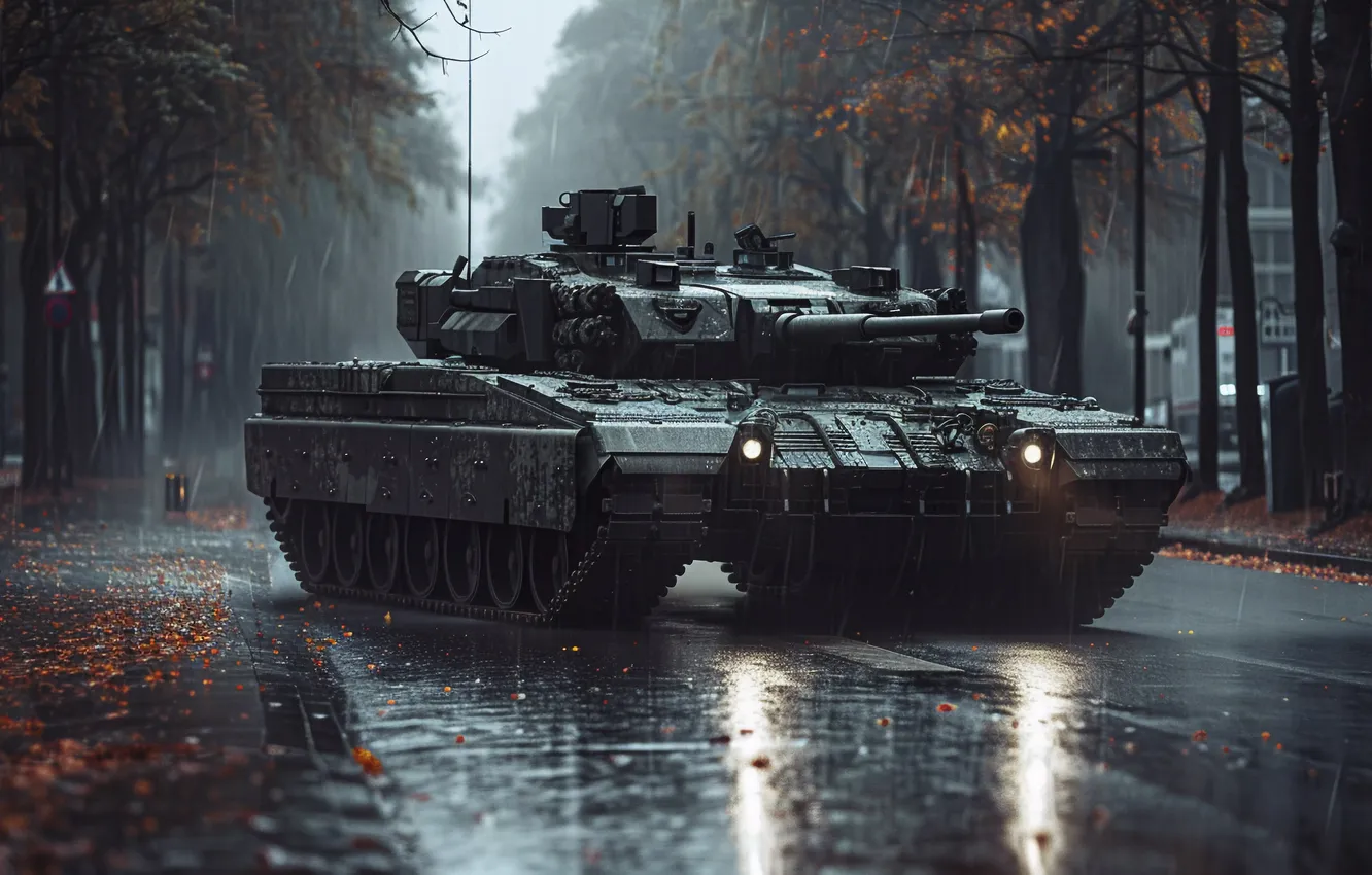 Photo wallpaper Home, Road, The city, Trees, Tank, Digital art, AI art, The Art of Artificial Intelligence