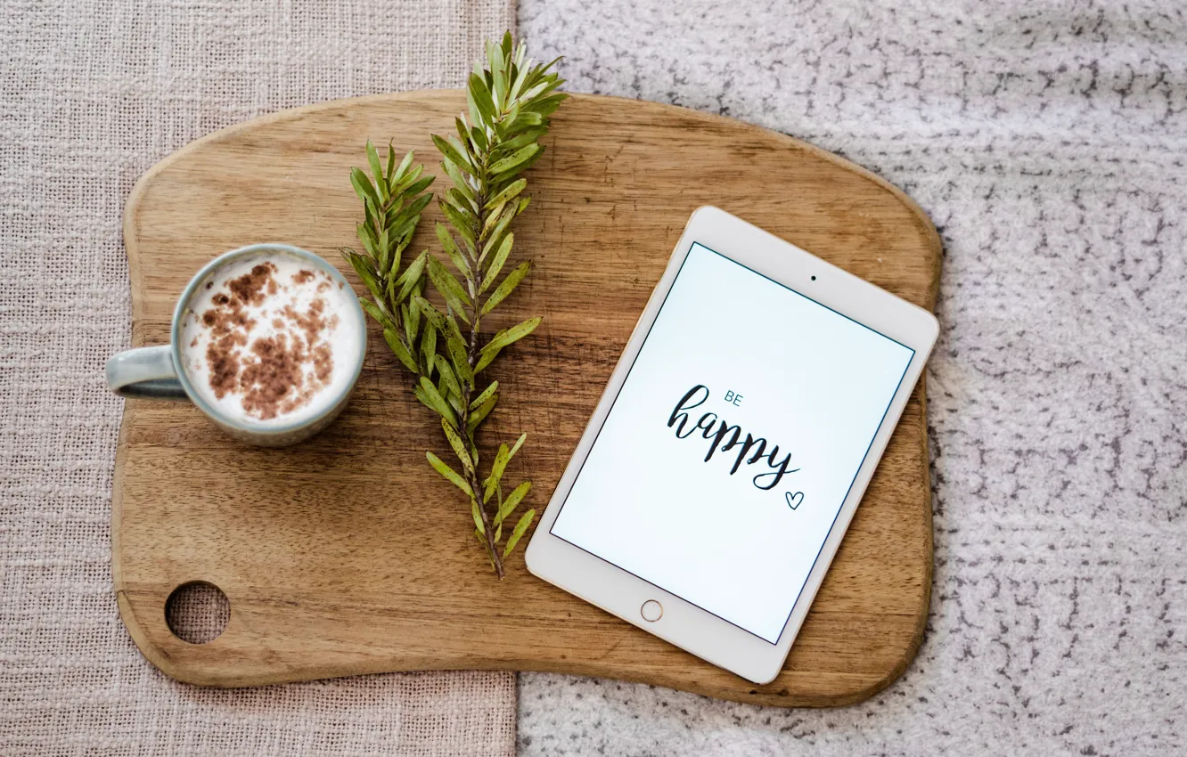 Photo wallpaper happiness, sprig, the inscription, coffee, fabric, Board, tablet