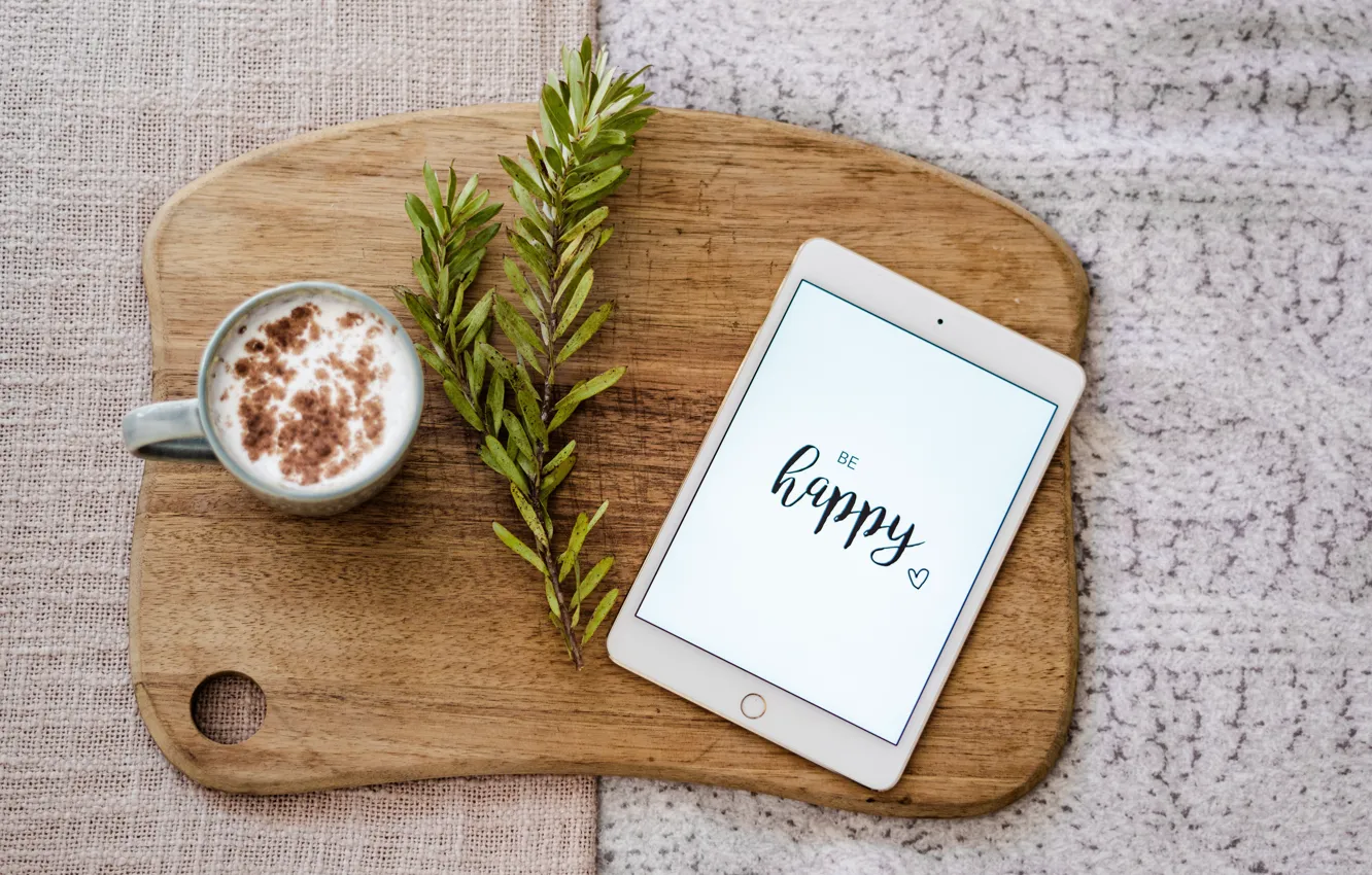 Photo wallpaper happiness, sprig, the inscription, Board, coffee, fabric, tablet