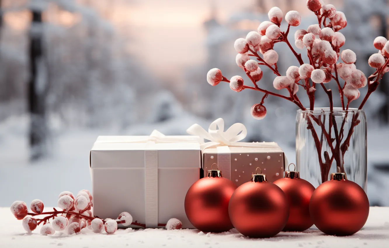 Photo wallpaper decoration, gift, balls, new year, Christmas, Christmas, balls, winter